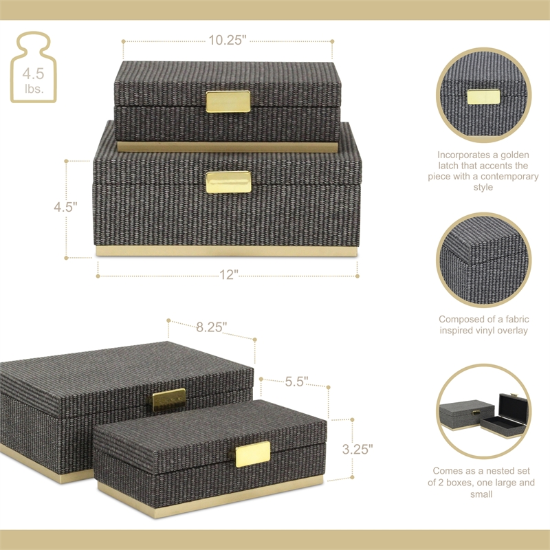 Pemberly Row Gray Woven Themed Rectangle Box Set of 2 with Gold Metal Base