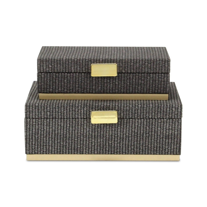 Pemberly Row Gray Woven Themed Rectangle Box Set of 2 with Gold Metal Base