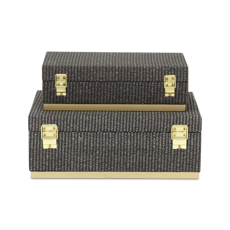 Pemberly Row Gray Woven Themed Rectangle Box Set of 2 with Gold Metal Base