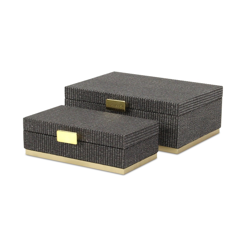 Pemberly Row Gray Woven Themed Rectangle Box Set of 2 with Gold Metal Base