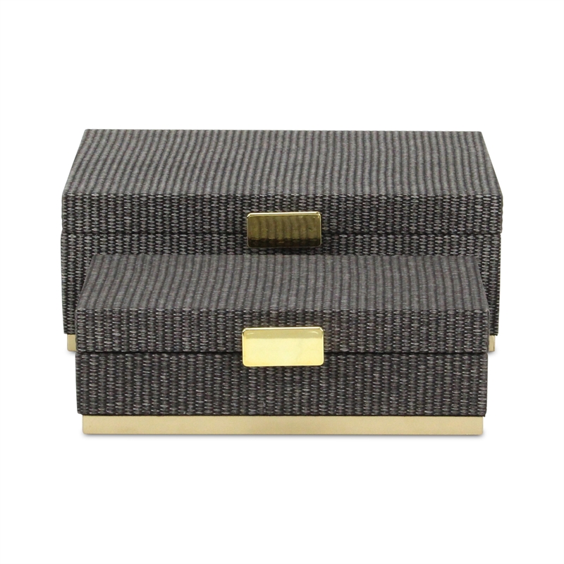 Pemberly Row Gray Woven Themed Rectangle Box Set of 2 with Gold Metal Base