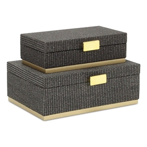 Pemberly Row Gray Woven Themed Rectangle Box Set of 2 with Gold Metal Base