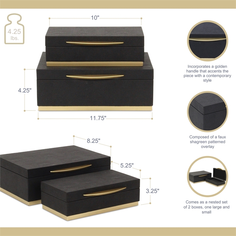 Pemberly Row Rectangular Gold Accented Box Set of 2 in Black Faux Shagreen