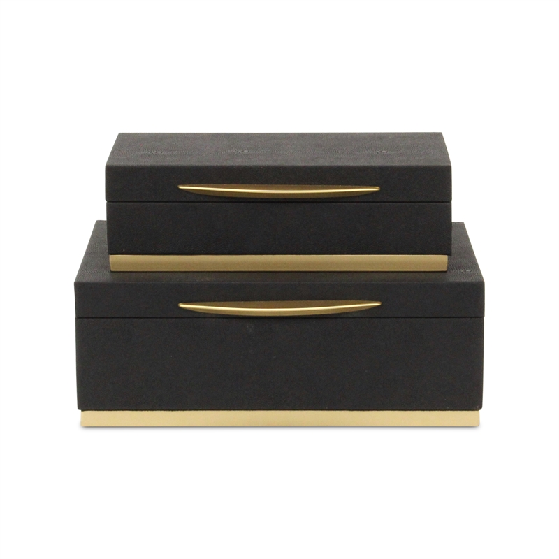 Pemberly Row Rectangular Gold Accented Box Set of 2 in Black Faux Shagreen