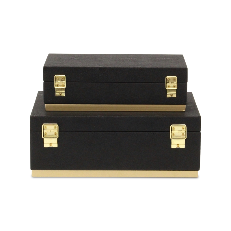 Pemberly Row Rectangular Gold Accented Box Set of 2 in Black Faux Shagreen