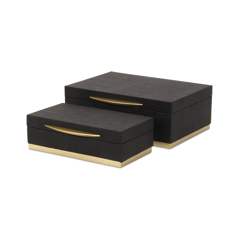 Pemberly Row Rectangular Gold Accented Box Set of 2 in Black Faux Shagreen