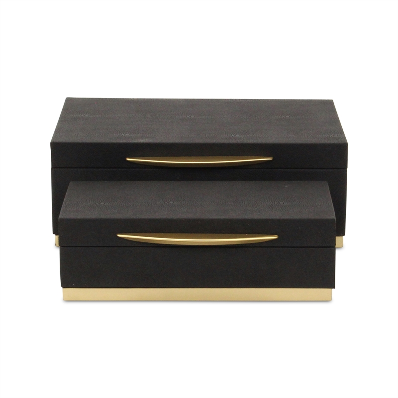 Pemberly Row Rectangular Gold Accented Box Set of 2 in Black Faux Shagreen