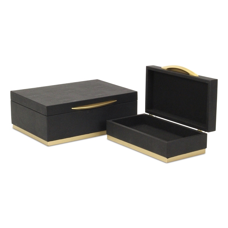 Pemberly Row Rectangular Gold Accented Box Set of 2 in Black Faux Shagreen