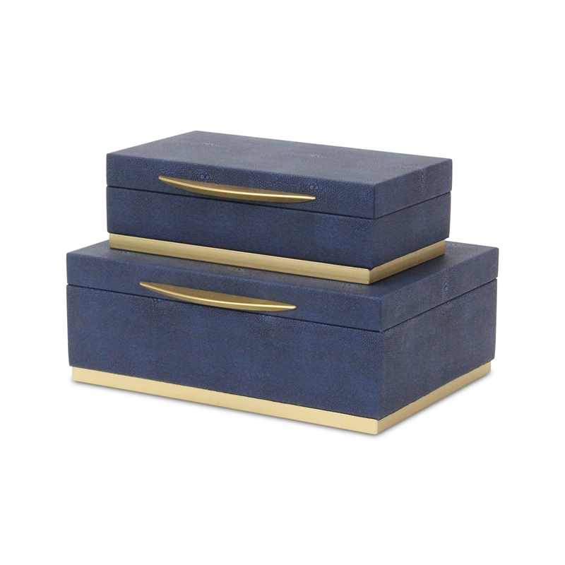 Pemberly Row Rectangular Gold Accented Box Set of 2 in Blue Faux Shagreen