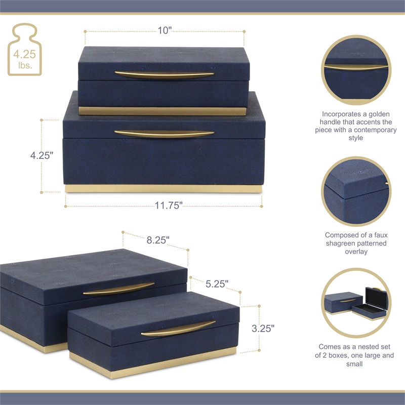 Pemberly Row Rectangular Gold Accented Box Set of 2 in Blue Faux Shagreen