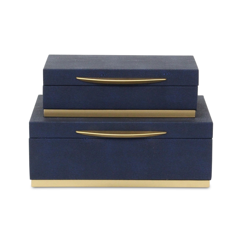 Pemberly Row Rectangular Gold Accented Box Set of 2 in Blue Faux Shagreen