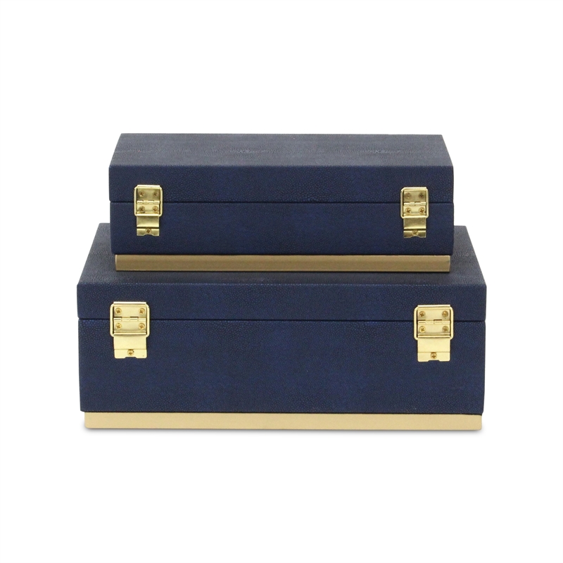 Pemberly Row Rectangular Gold Accented Box Set of 2 in Blue Faux Shagreen