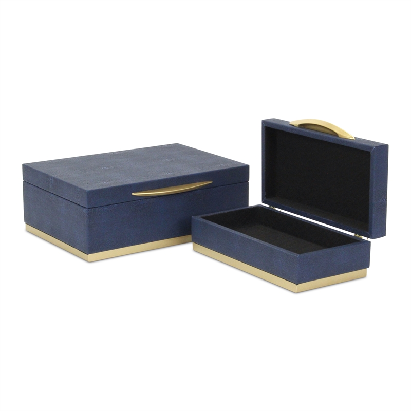 Pemberly Row Rectangular Gold Accented Box Set of 2 in Blue Faux Shagreen