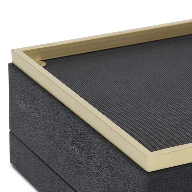 Pemberly Row Accent Box Set of 2 in Black Faux Shagreen with Gold Metal Base
