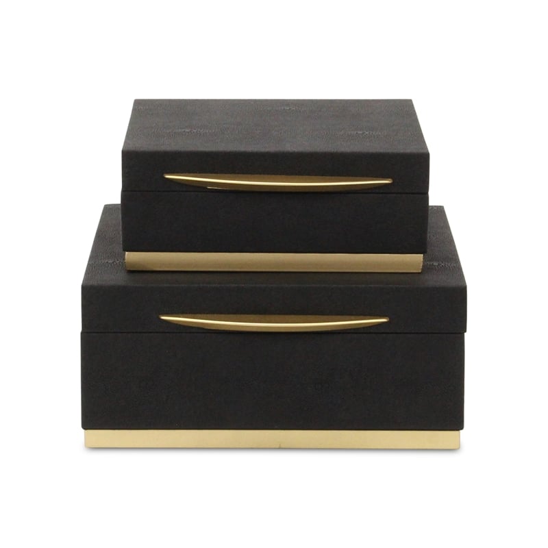 Pemberly Row Accent Box Set of 2 in Black Faux Shagreen with Gold Metal Base