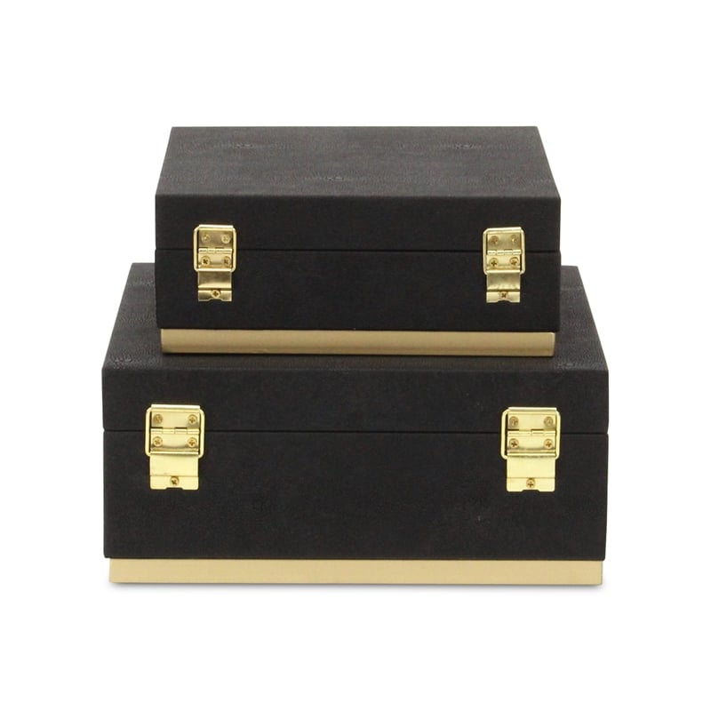 Pemberly Row Accent Box Set of 2 in Black Faux Shagreen with Gold Metal Base