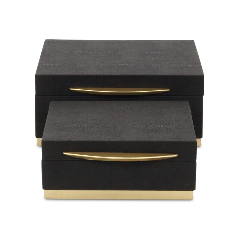 Pemberly Row Accent Box Set of 2 in Black Faux Shagreen with Gold Metal Base