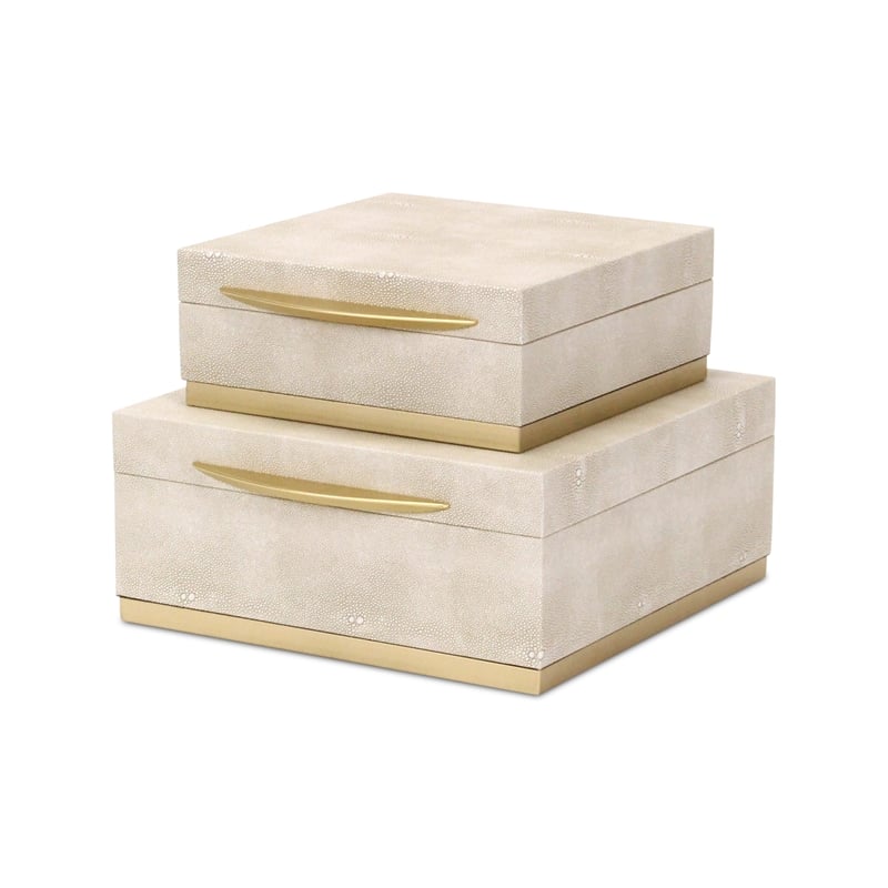 Pemberly Row Accent Box Set of 2 in Cream Faux Shagreen with Gold Metal Base