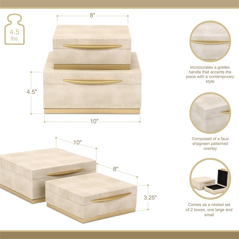 Pemberly Row Accent Box Set of 2 in Cream Faux Shagreen with Gold Metal Base