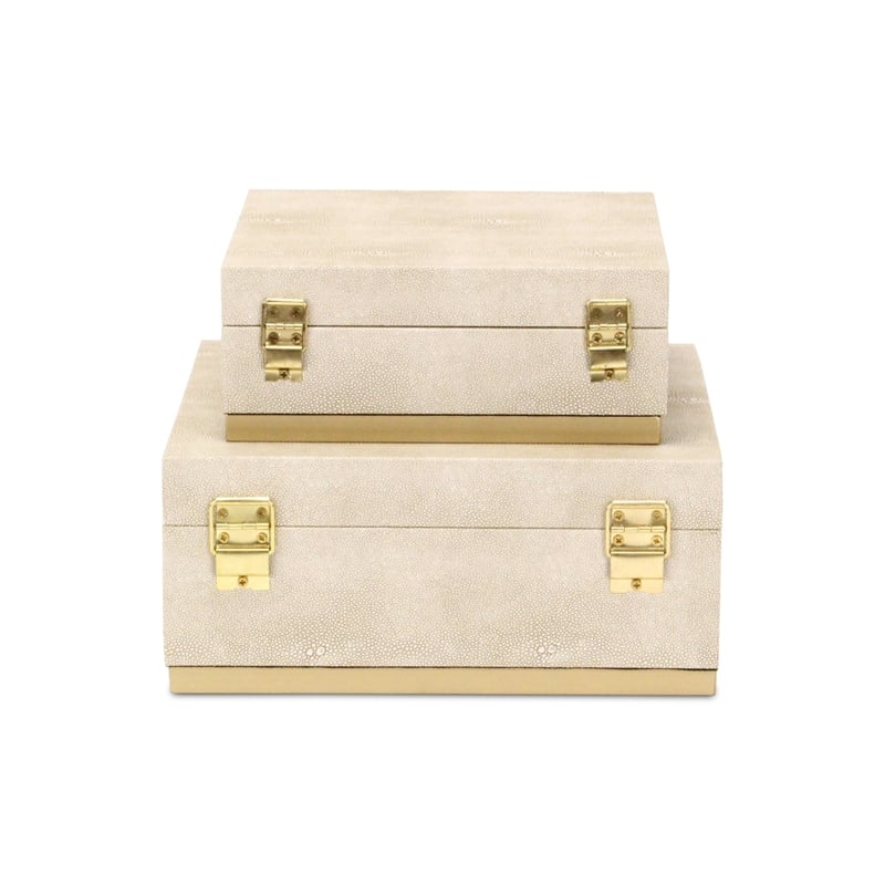 Pemberly Row Accent Box Set of 2 in Cream Faux Shagreen with Gold Metal Base