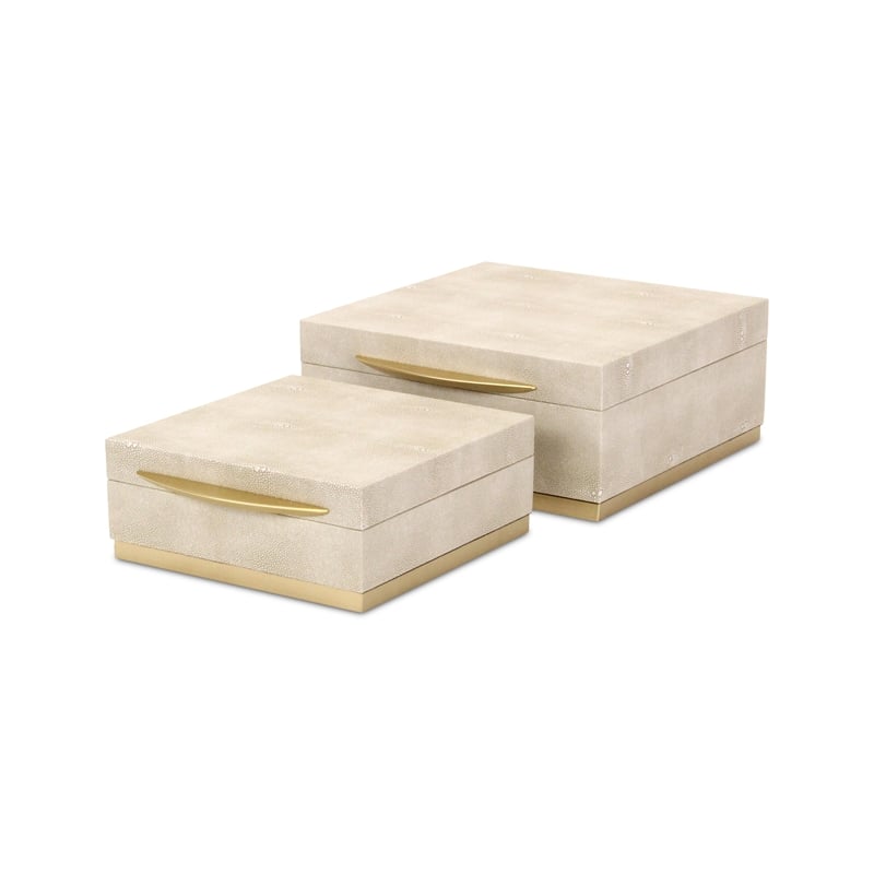 Pemberly Row Accent Box Set of 2 in Cream Faux Shagreen with Gold Metal Base