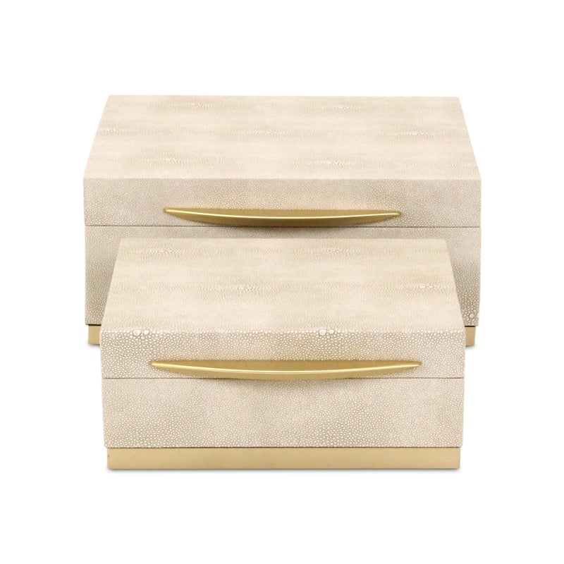 Pemberly Row Accent Box Set of 2 in Cream Faux Shagreen with Gold Metal Base