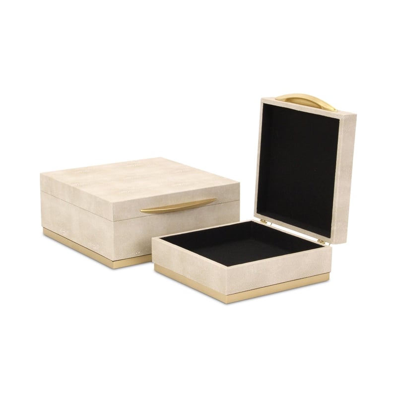 Pemberly Row Accent Box Set of 2 in Cream Faux Shagreen with Gold Metal Base