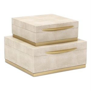 Pemberly Row Accent Box Set of 2 in Cream Faux Shagreen with Gold Metal Base