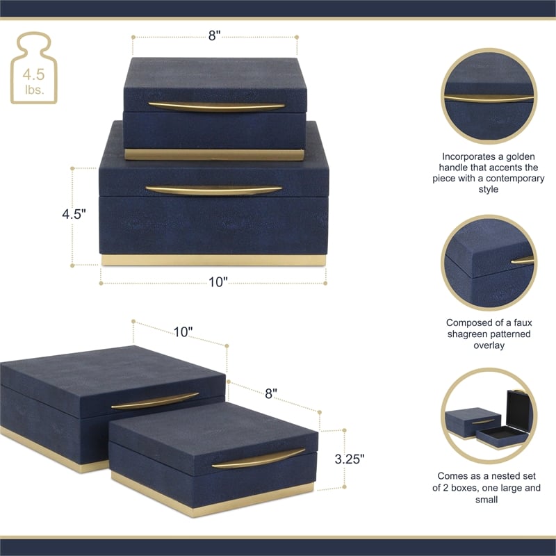 Pemberly Row Accent Box Set of 2 in Blue Faux Shagreen with Gold Metal Base