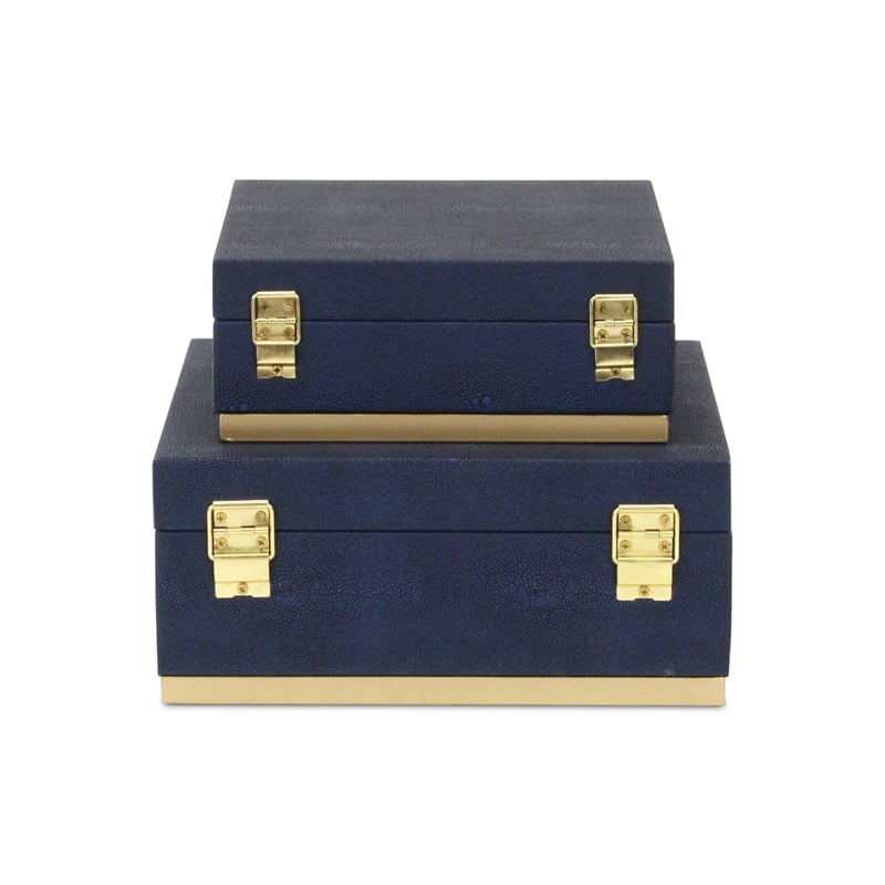 Pemberly Row Accent Box Set of 2 in Blue Faux Shagreen with Gold Metal Base