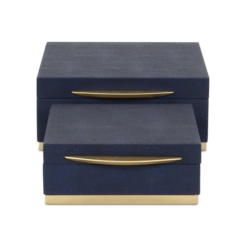Pemberly Row Accent Box Set of 2 in Blue Faux Shagreen with Gold Metal Base