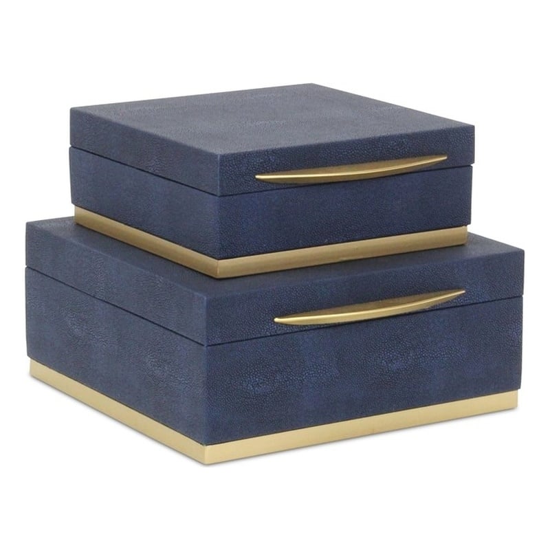 Pemberly Row Accent Box Set of 2 in Blue Faux Shagreen with Gold Metal Base