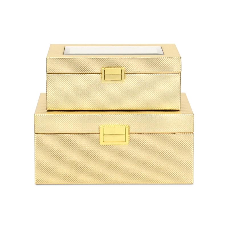 Pemberly Row Vinyl Woven Pattern Mirrored Box Set of 2 in Gold