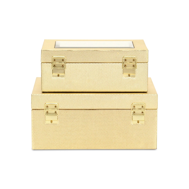 Pemberly Row Vinyl Woven Pattern Mirrored Box Set of 2 in Gold