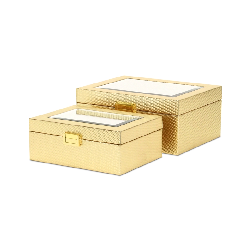 Pemberly Row Vinyl Woven Pattern Mirrored Box Set of 2 in Gold