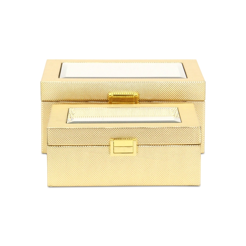 Pemberly Row Vinyl Woven Pattern Mirrored Box Set of 2 in Gold