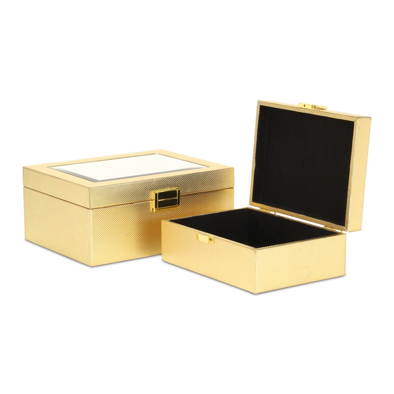 Pemberly Row Vinyl Woven Pattern Mirrored Box Set of 2 in Gold