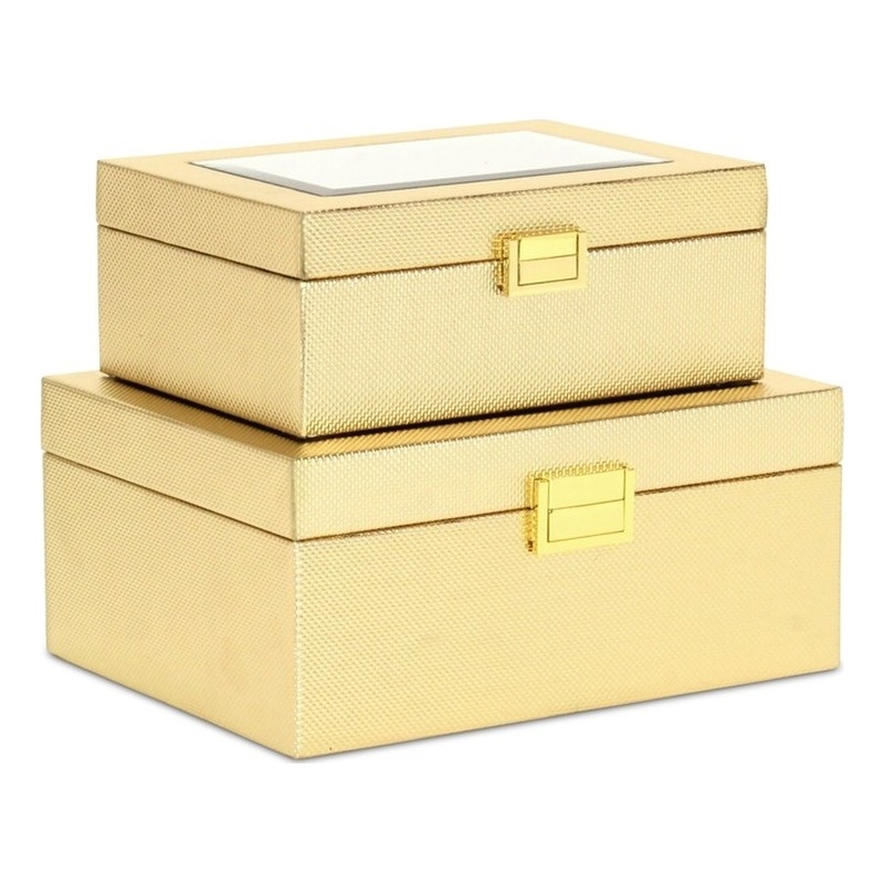 Pemberly Row Vinyl Woven Pattern Mirrored Box Set of 2 in Gold