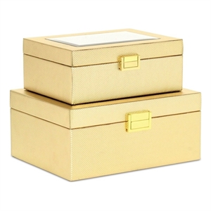 Pemberly Row Vinyl Woven Pattern Mirrored Box Set of 2 in Gold