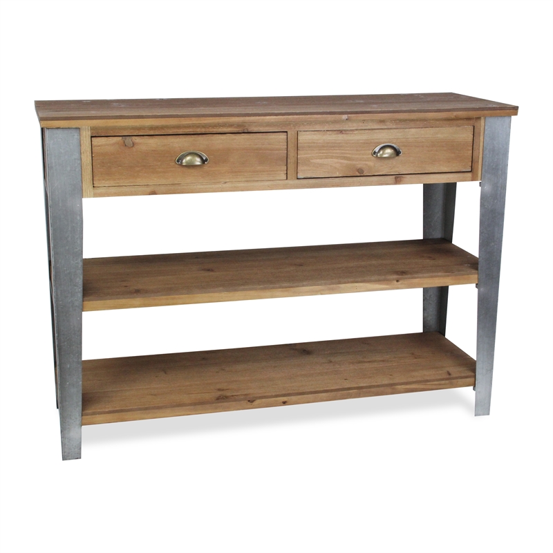 Pemberly Row Farmhouse Themed Wood and Galvanized Metal Console Table
