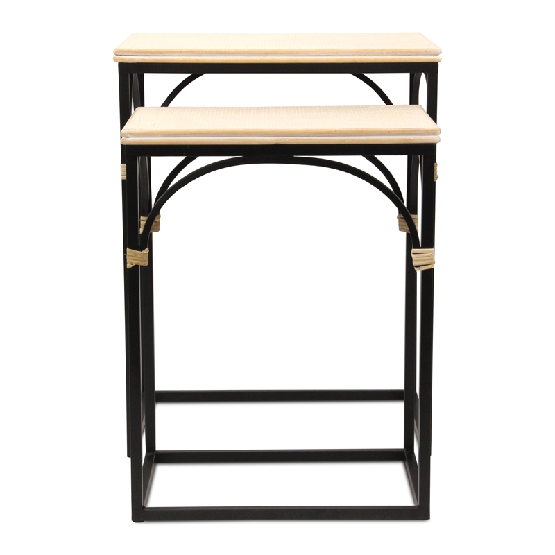 Pemberly Row Set of 2 Rattan Accented Wood and Metal Rectangle Side Tables