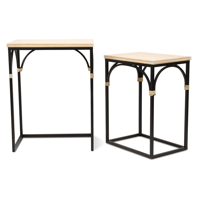Pemberly Row Set of 2 Rattan Accented Wood and Metal Rectangle Side Tables