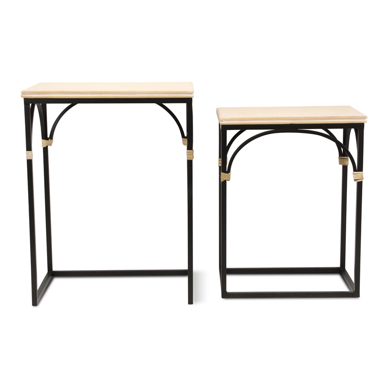 Pemberly Row Set of 2 Rattan Accented Wood and Metal Rectangle Side Tables