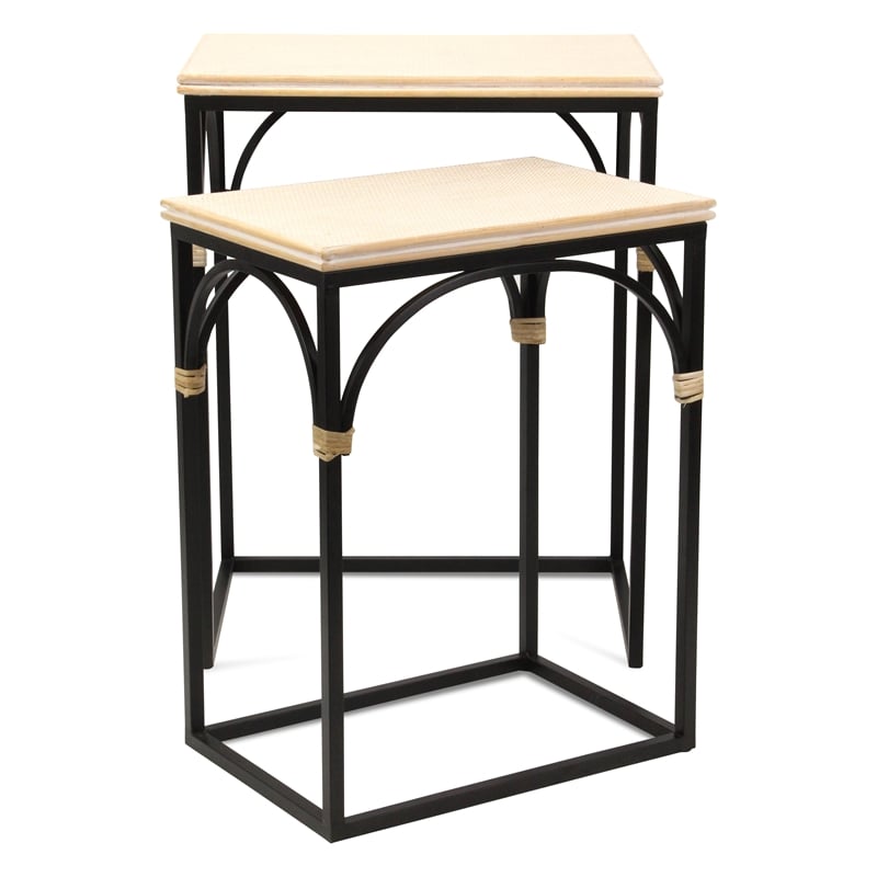 Pemberly Row Set of 2 Rattan Accented Wood and Metal Rectangle Side Tables