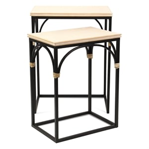 Pemberly Row Set of 2 Rattan Accented Wood and Metal Rectangle Side Tables