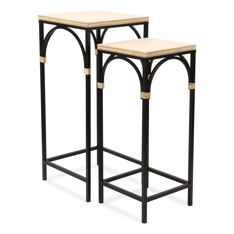 Pemberly Row Set of 2 Rattan Accented Wood and Metal Square Side Tables