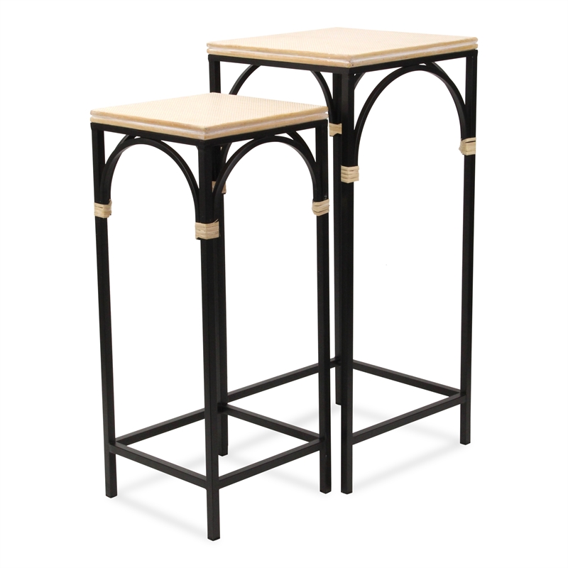 Pemberly Row Set of 2 Rattan Accented Wood and Metal Square Side Tables
