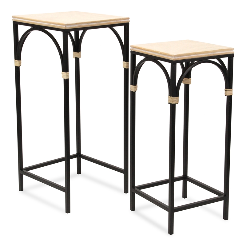 Pemberly Row Set of 2 Rattan Accented Wood and Metal Square Side Tables