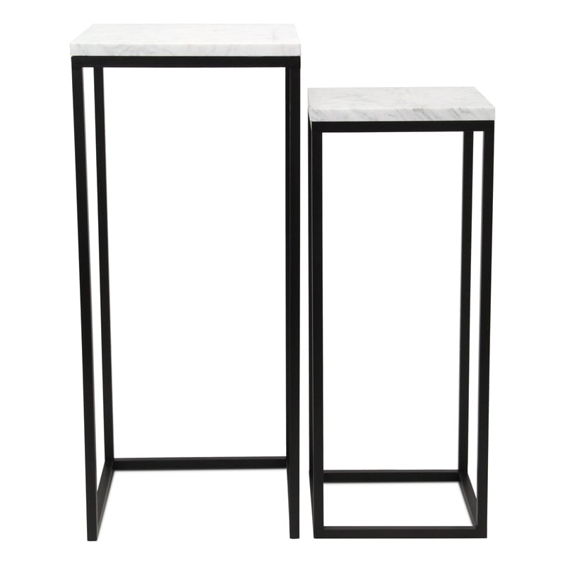 Pemberly Row Contemporary Set of 2 White Marble Square Side Tables