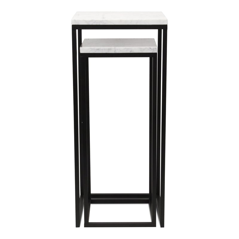 Pemberly Row Contemporary Set of 2 White Marble Square Side Tables